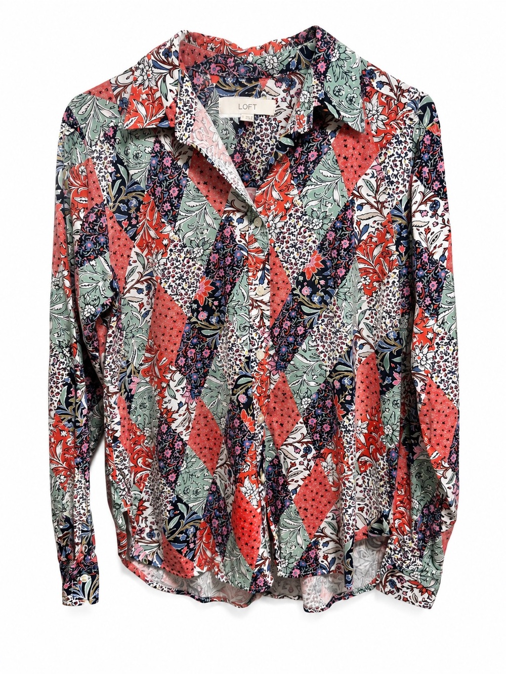 LOFT Patchwork Floral Button Front Blouse | Size Small